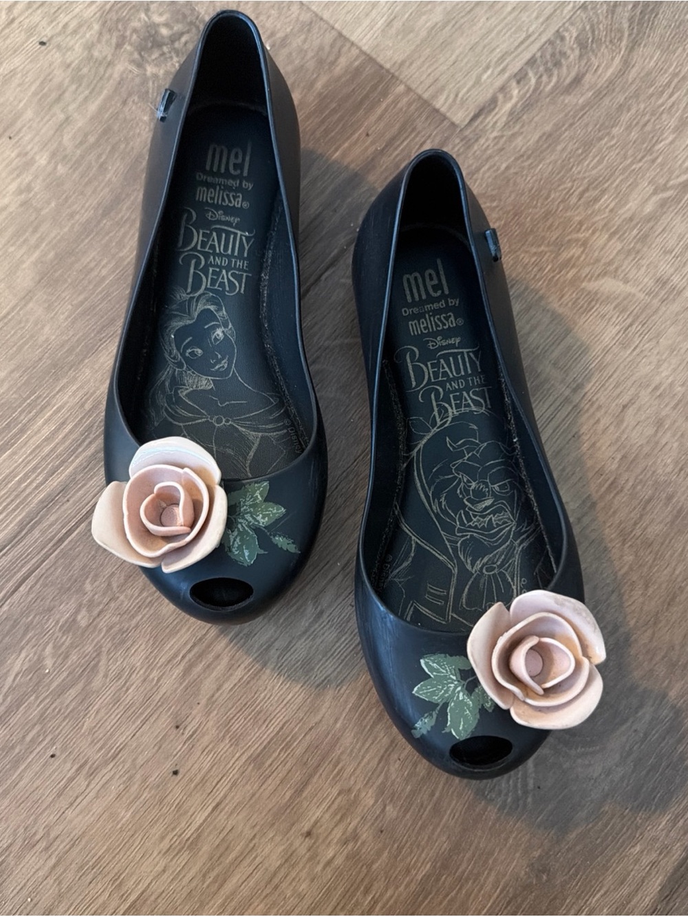 Mini Melissa Black Ballet Flats with Blush Rose Appliqués